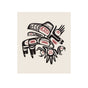 Indigenous art with stylized animals on a beige cloth