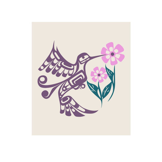 Decorative design of a purple hummingbird and pink flowers on a beige cloth