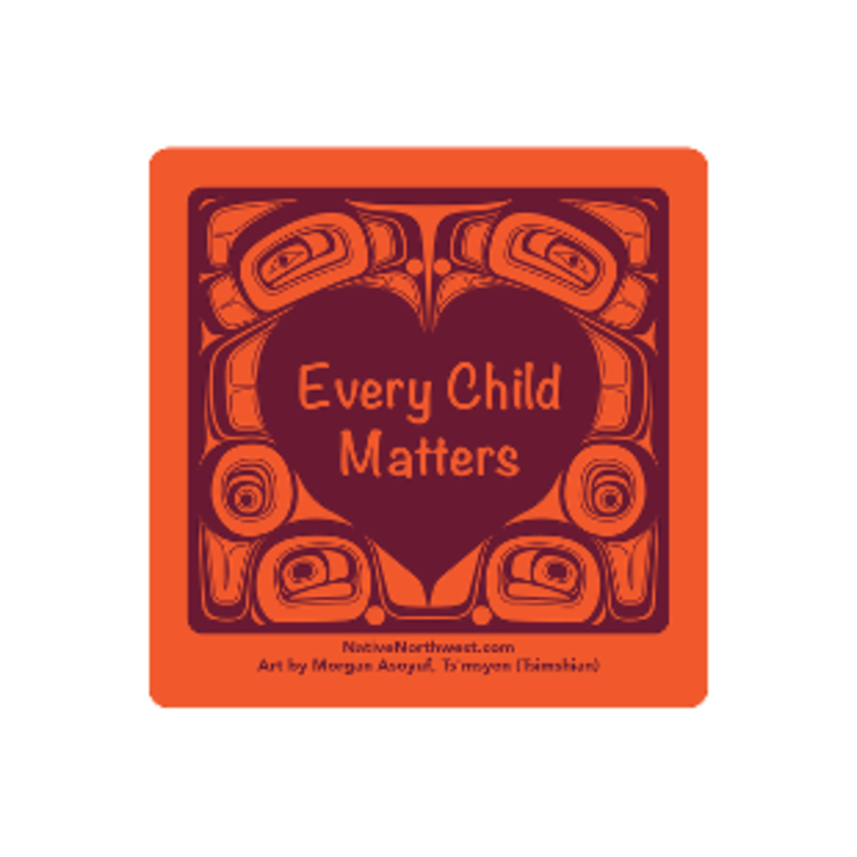 Orange square with a heart-shaped design and 'Every Child Matters' text