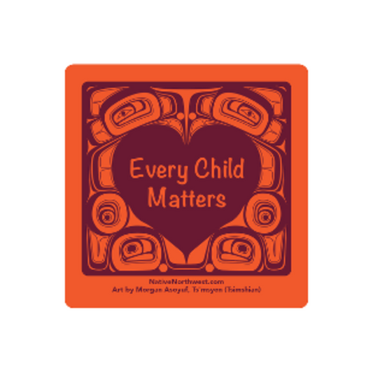 Orange square with a heart-shaped design and 'Every Child Matters' text