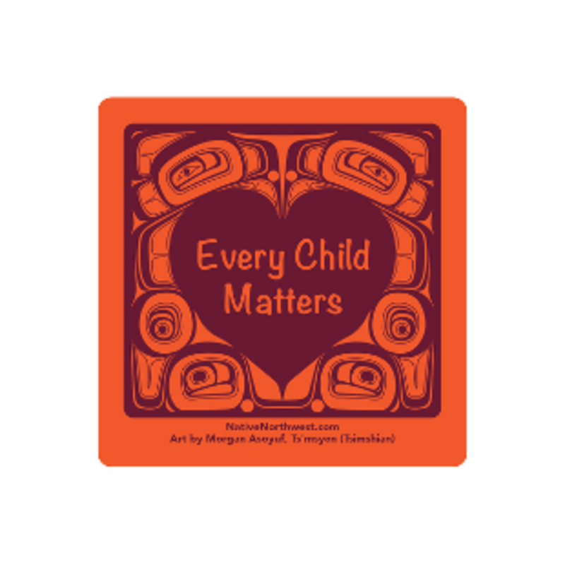 Orange square with a heart-shaped design and 'Every Child Matters' text