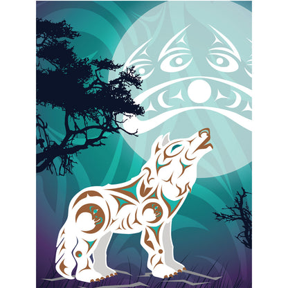 Decorative design of a stylized wolf with tribal patterns against a mystical background.