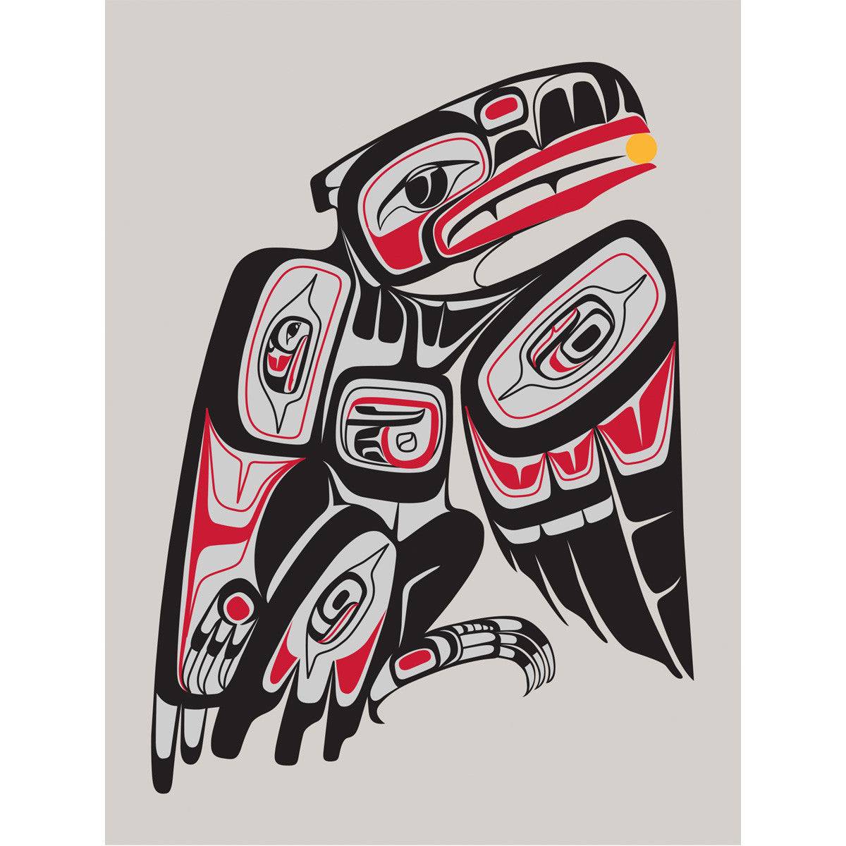 Indigenous art piece with a stylized eagle design on a light gray background card