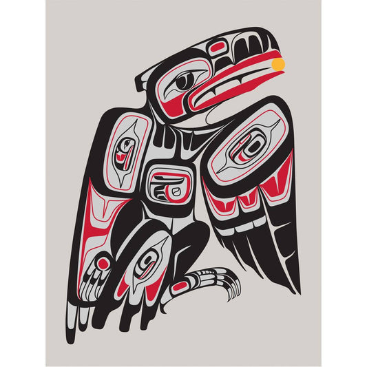Indigenous art piece with a stylized eagle design on a light gray background card