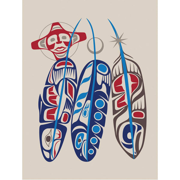 Artistic depiction of three feathers with a red face on top against a beige background card