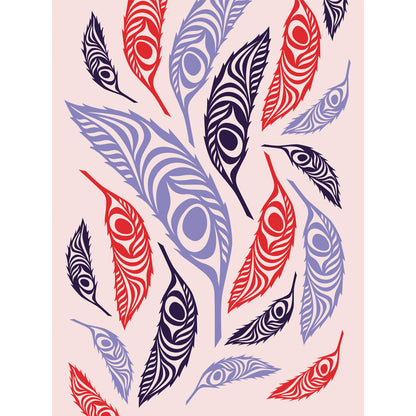 Colourful Indigenous design feathers on light pink card