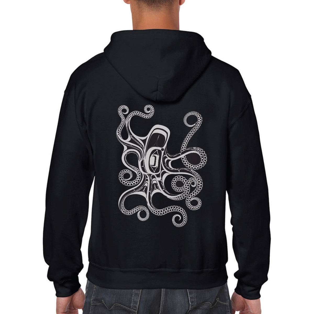Black hoodie with an octopus design on the back, worn by a person.