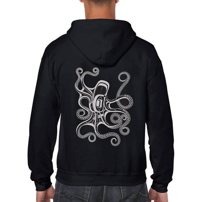 Black hoodie with an octopus design on the back, worn by a person.