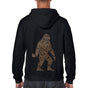 Black hoodie with a brown Sasquatch design on the back, worn by a person.