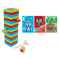 Colorful wooden block tower game with cards and a mallet