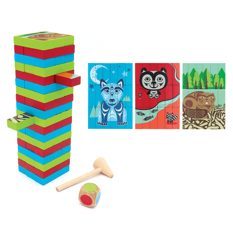 Colorful wooden block tower game with cards and a mallet