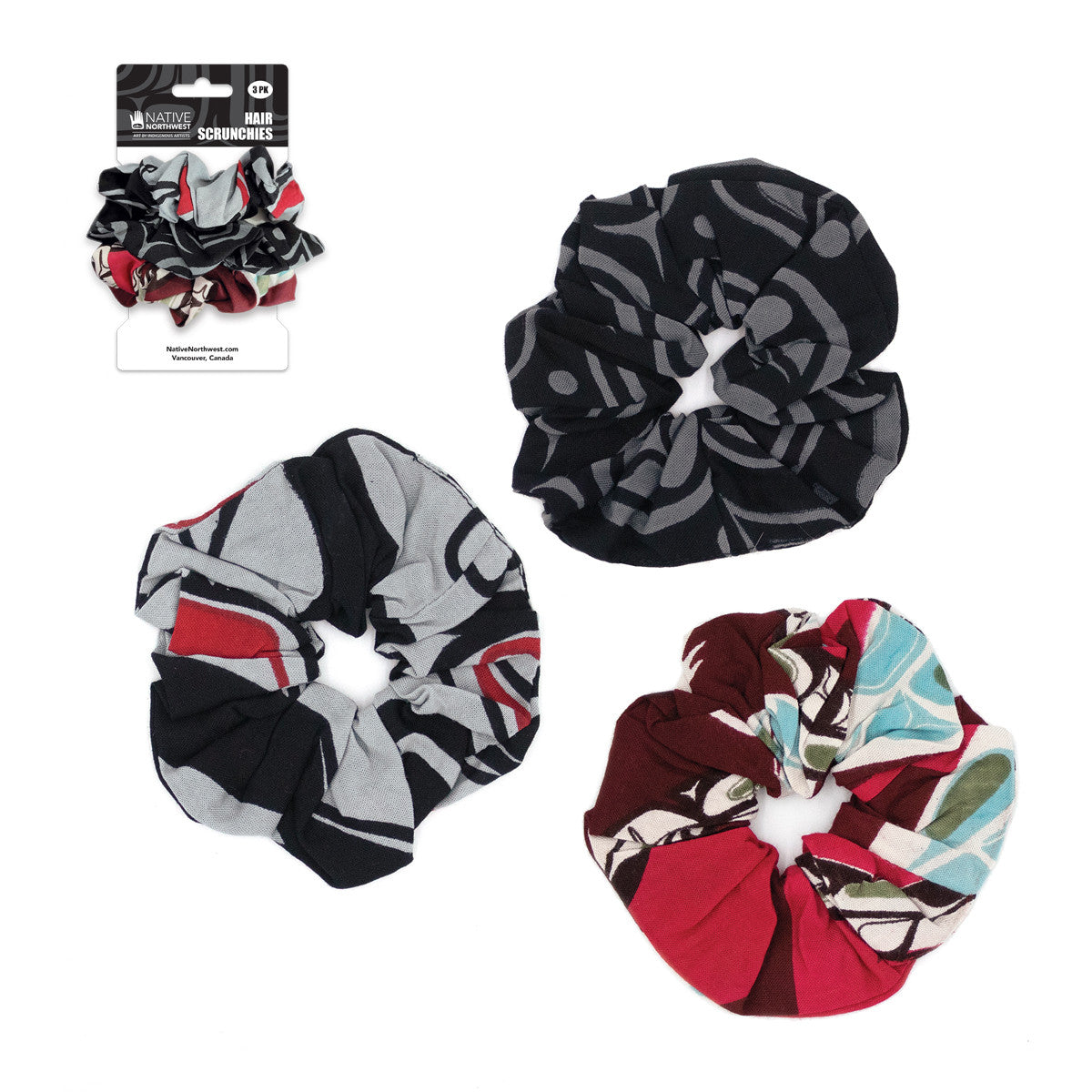 Set of three Indigenous patterned scrunchies 