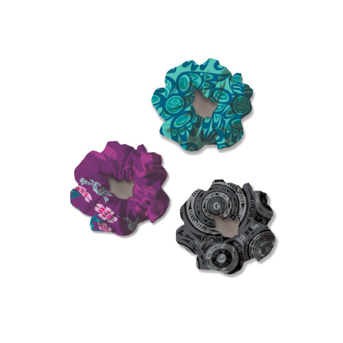 Three colorful scrunchies
