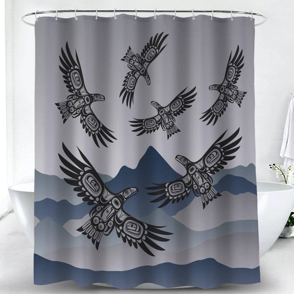 Shower curtain with black eagle designs on a gray and blue background