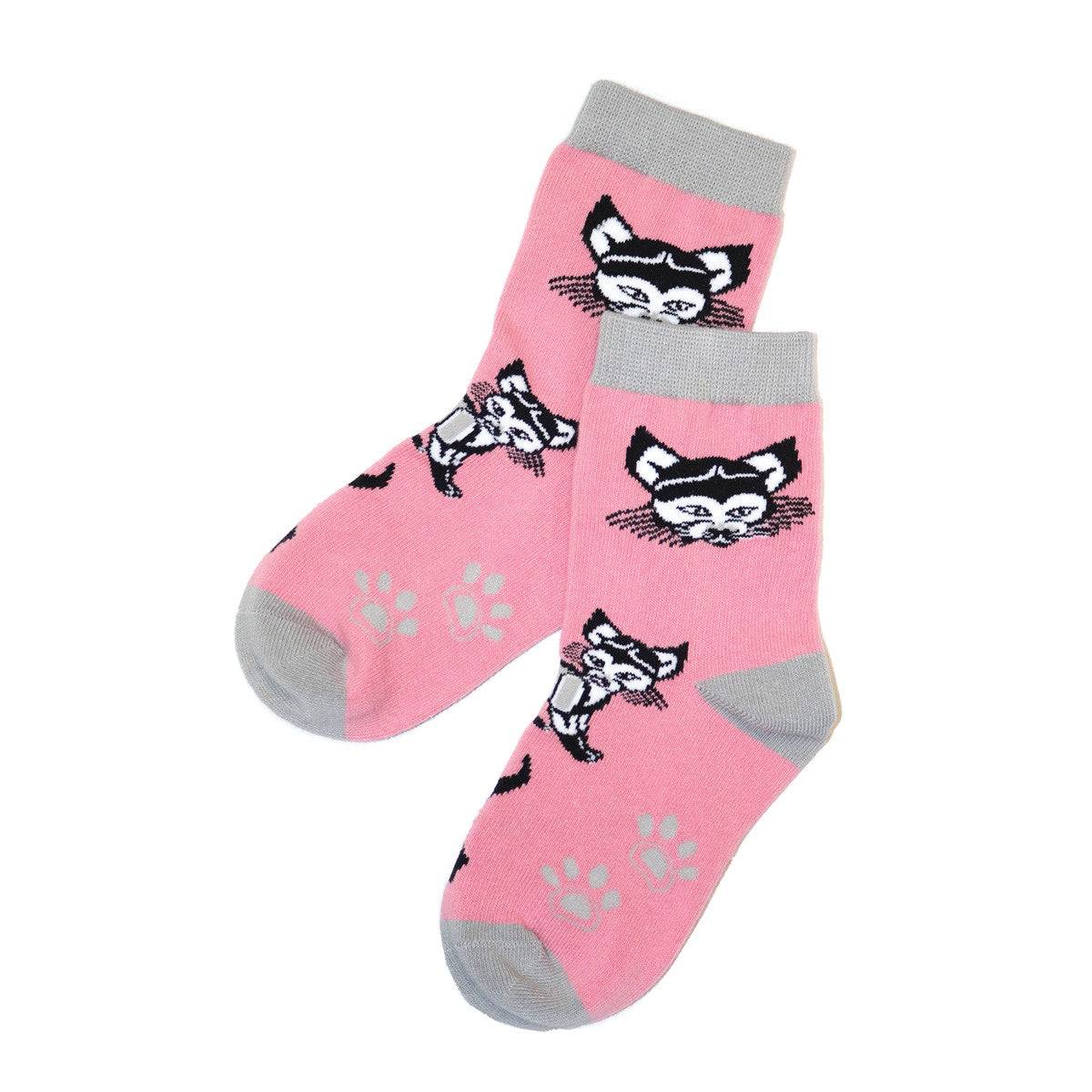 Pink socks with raccoon designs and gray accents 
