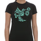Black t-shirt with teal bird and flower design worn by a person