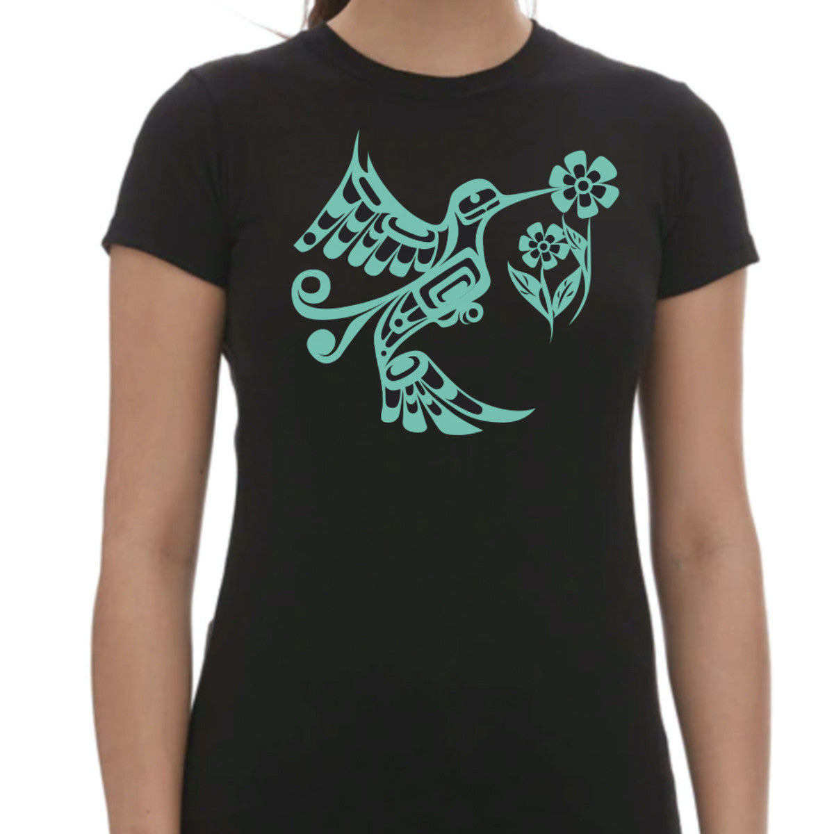 Black t-shirt with teal bird and flower design worn by a person