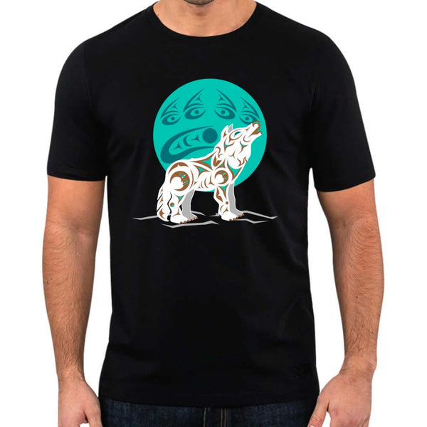 Black t-shirt with a graphic of a wolf and a moon