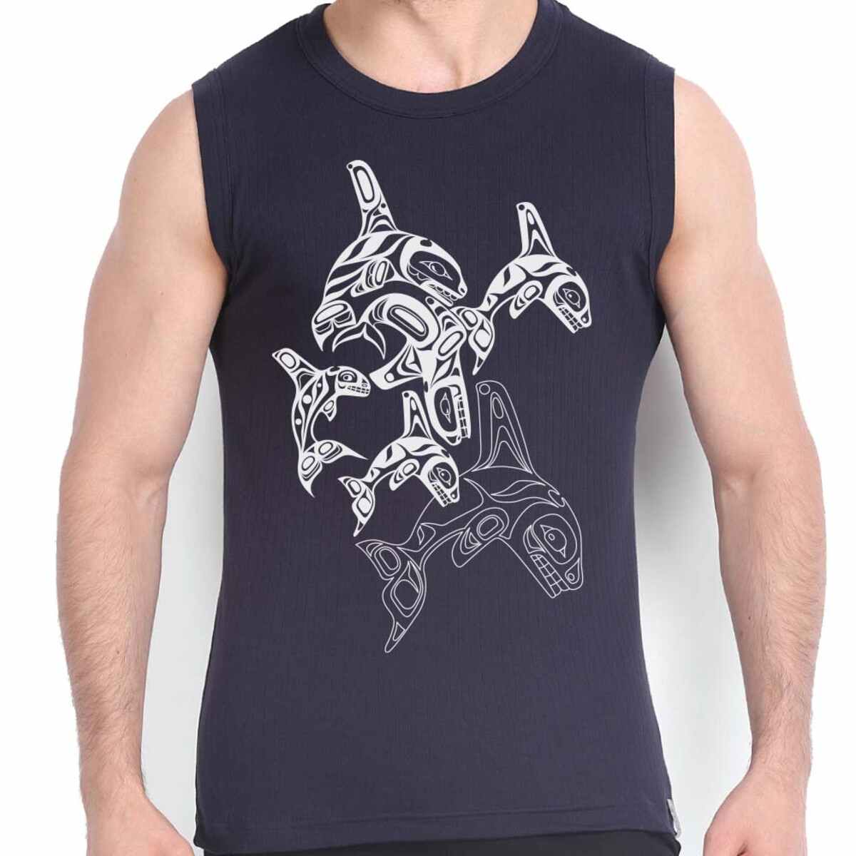 Navy sleeveless shirt with whale Indigenous design
