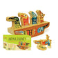 Wooden toy set with colorful animal figures on a boat, accompanied by its packaging.