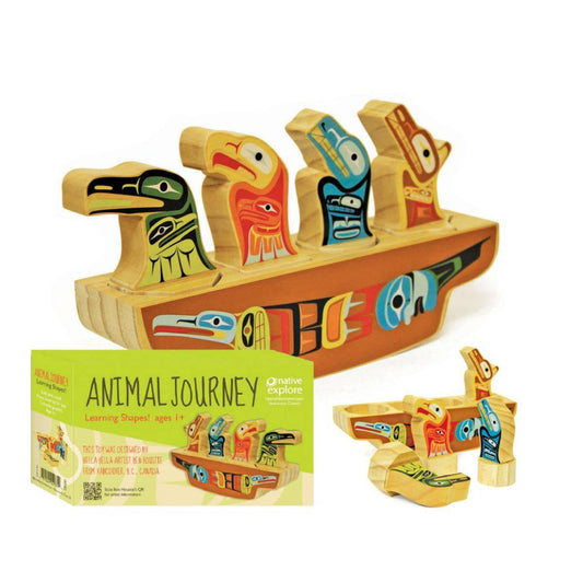 Wooden toy set with colorful animal figures on a boat, accompanied by its packaging.