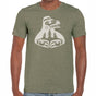 Person wearing a green t-shirt with a white graphic design on a white background