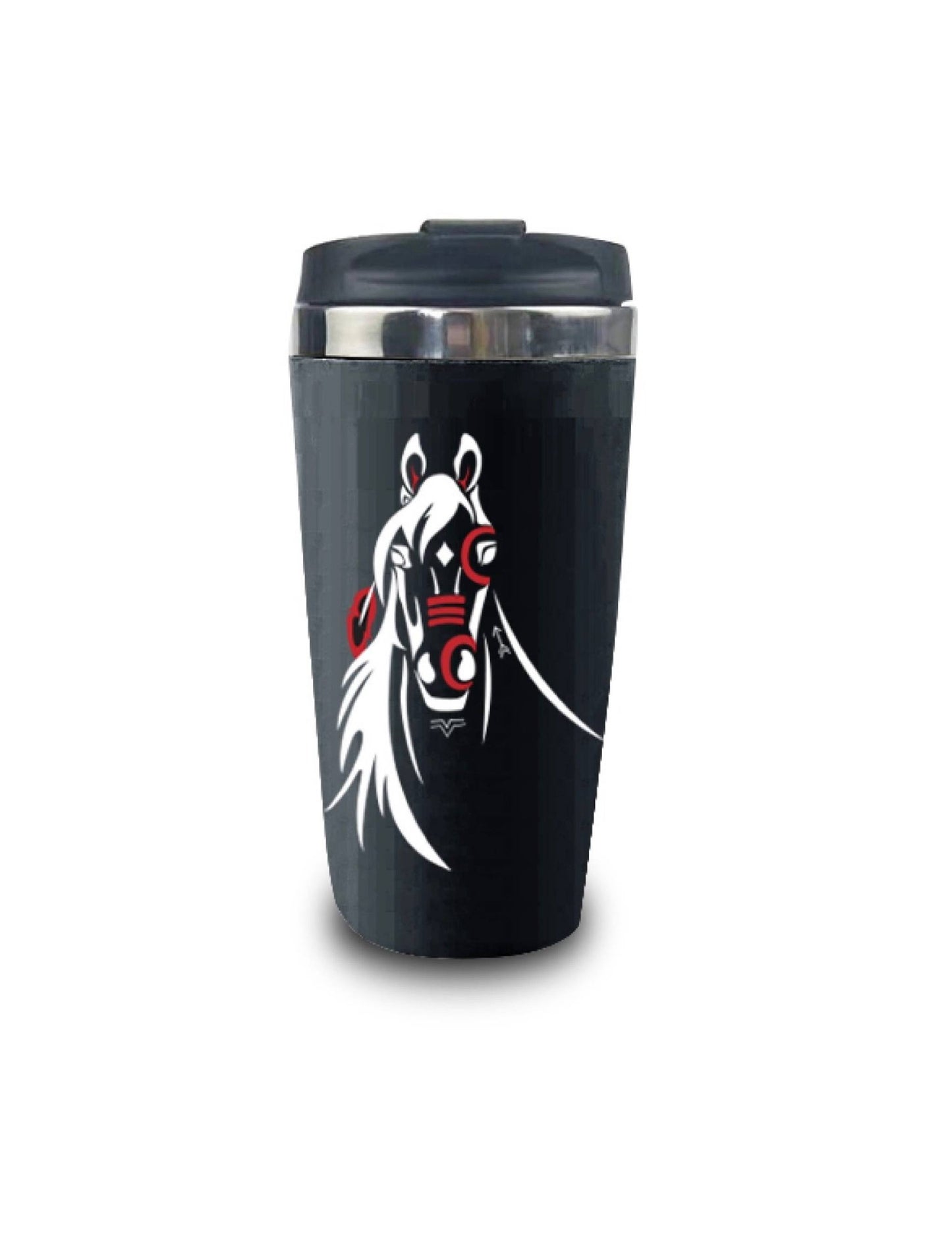 Black travel mug with a horse design