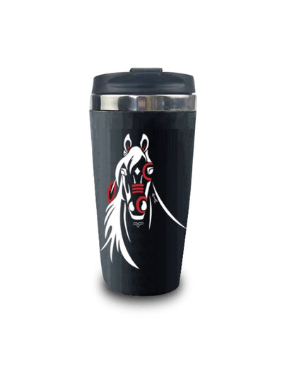 Black travel mug with a horse design