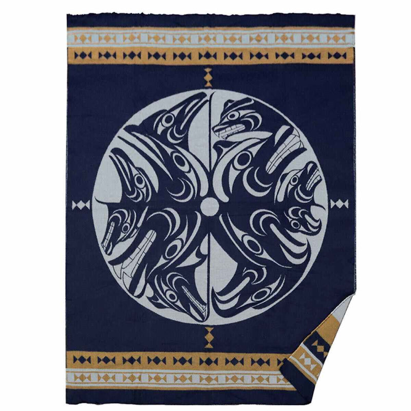 Decorative blue blanket with a circular design of Indigenous stylized animals