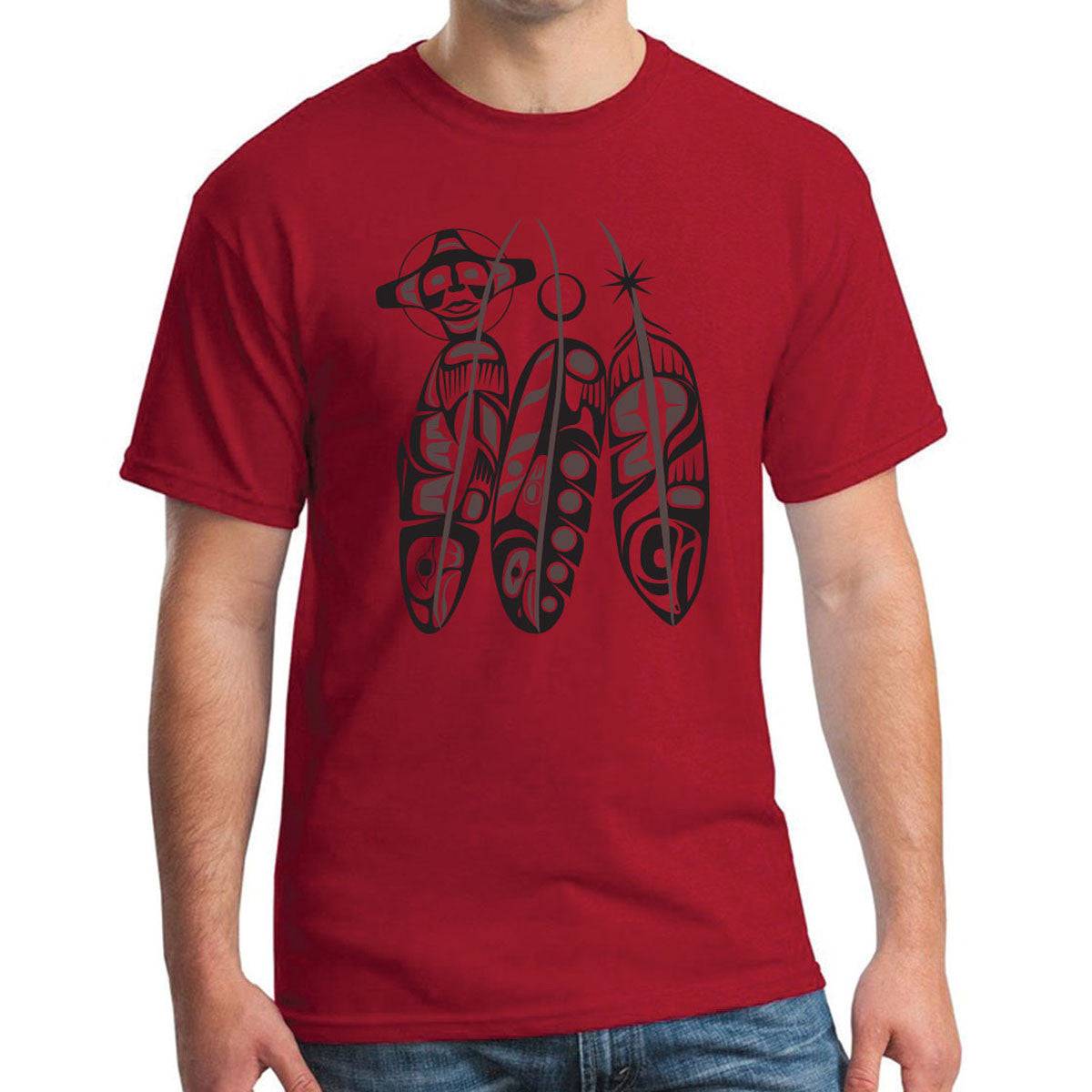 A red crew neck T-shirt featuring a black indigenous artwork by Paul Windsor depicting a salmon life cycle.