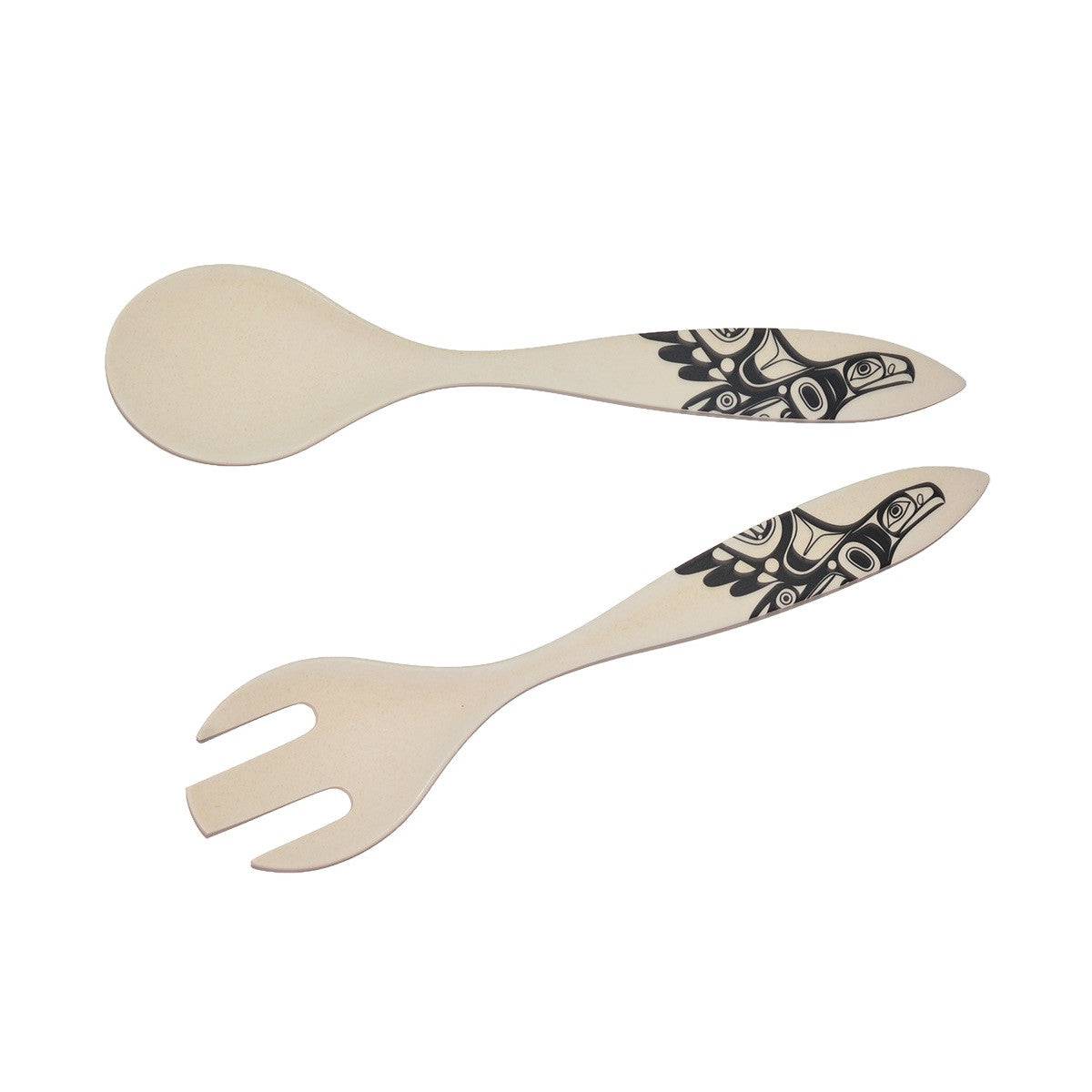 Wooden spoon and fork set with black and white designs