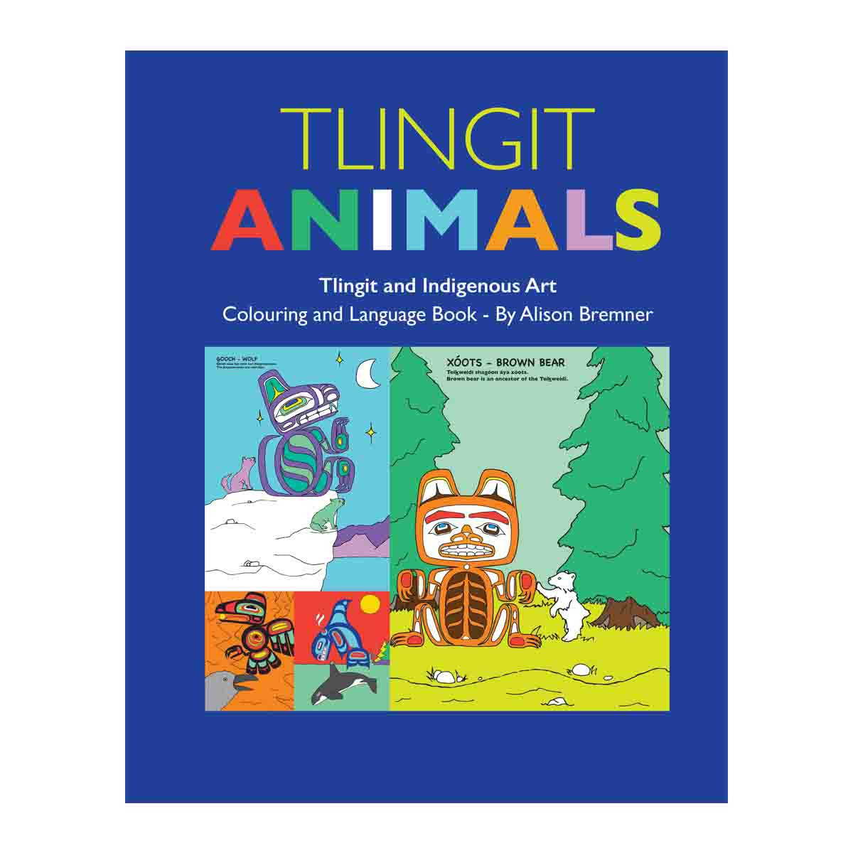 Book cover of 'Tlingit Animals' with colorful illustrations and blue covering